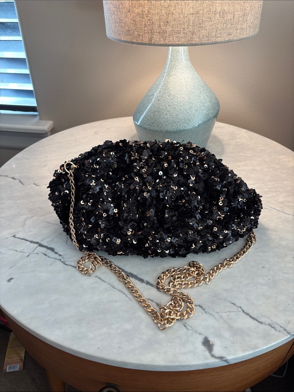 Maeve Black Sequin Clutch with Gold Chain Strap